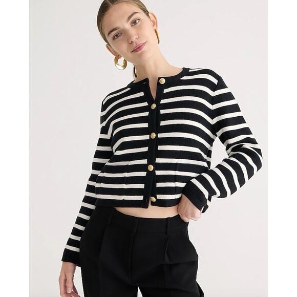 J.Crew Emilie Sweater Lady jacket Striped Cotton Knit Black Ivory Preppy S NWT